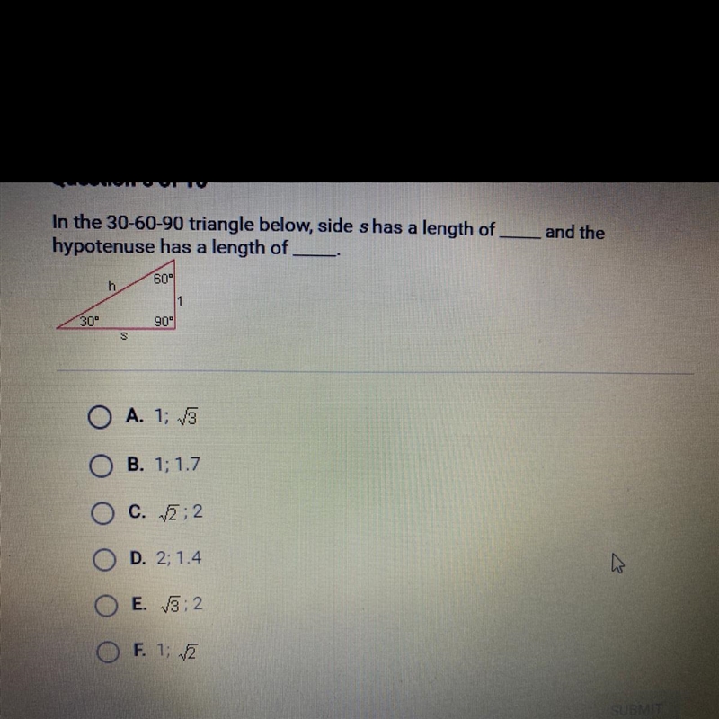 In the 30-60-90 triangle below, side s has a length of hypotenuse has a length of-example-1