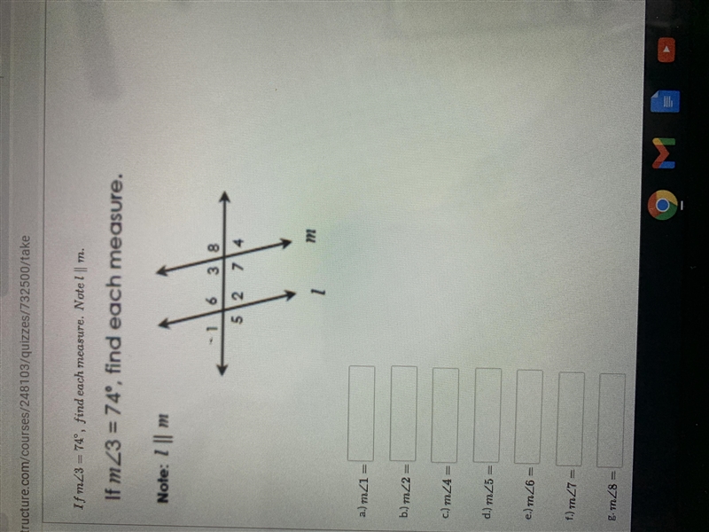 If m 3 = 74 degrees, find each measure-example-1