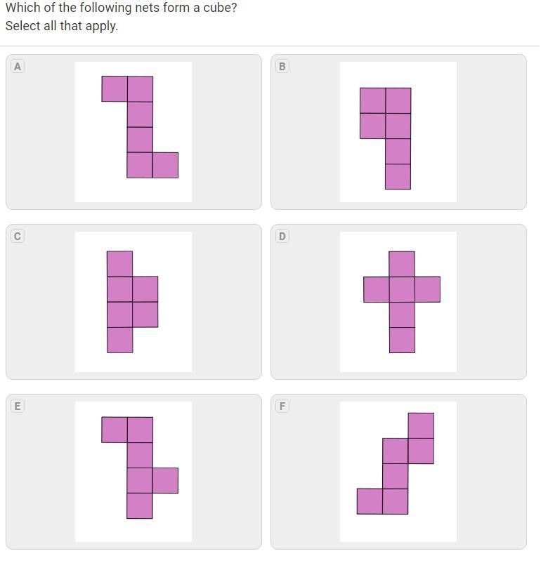 Pls give me the right answers. Which of the following nets form a cube?-example-1