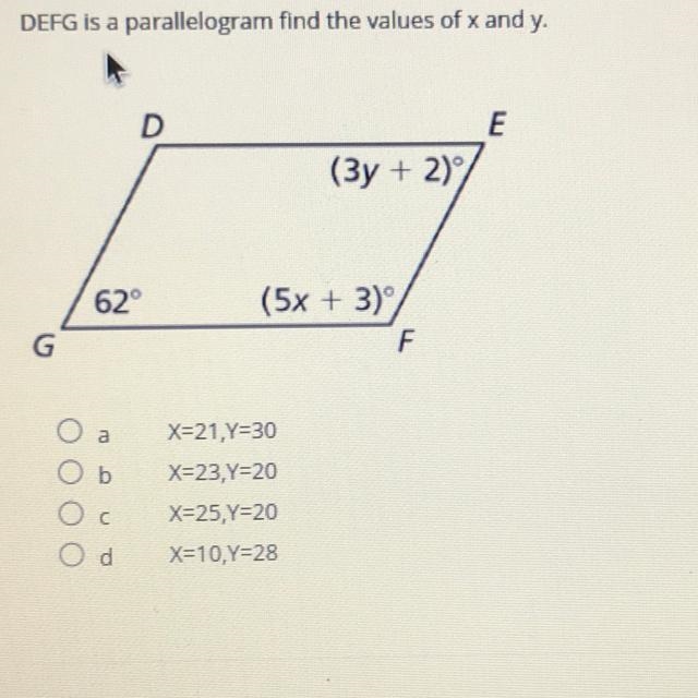 DEFG is a parallelogram find the value of x and y. Plz HELP..-example-1