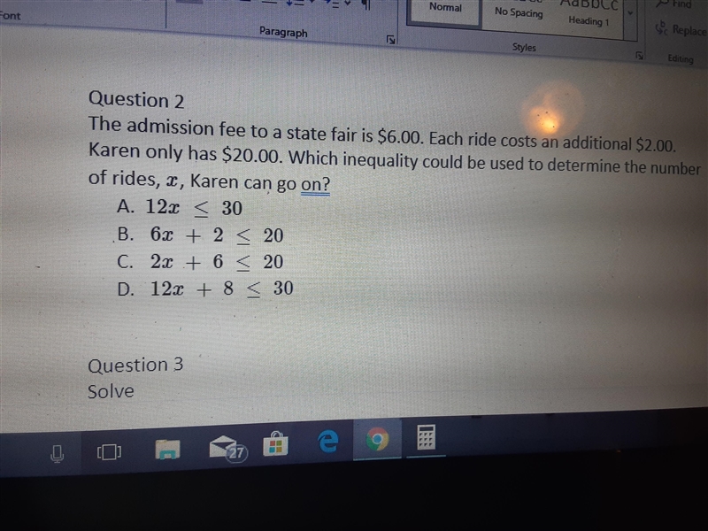 The admission fee to a state fair is $6.00. Each ride costs an additional $2.00. Karen-example-1