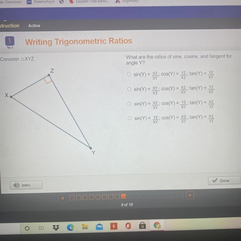 What are the ratios of sine, cosine, and tangent for angle Y? sin(Y) = XZ; cos(Y) = Y-example-1