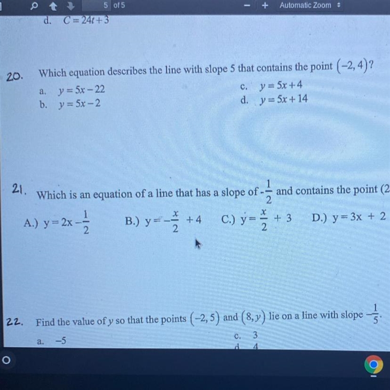 Which equation describes the line with slope 5 that contains the point (-2,4)? (Question-example-1