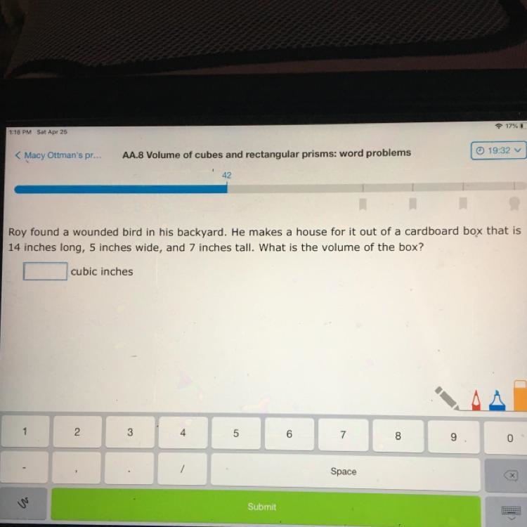 What is the volume of the box is that’s is 14 long, 5 wide 7 tall-example-1