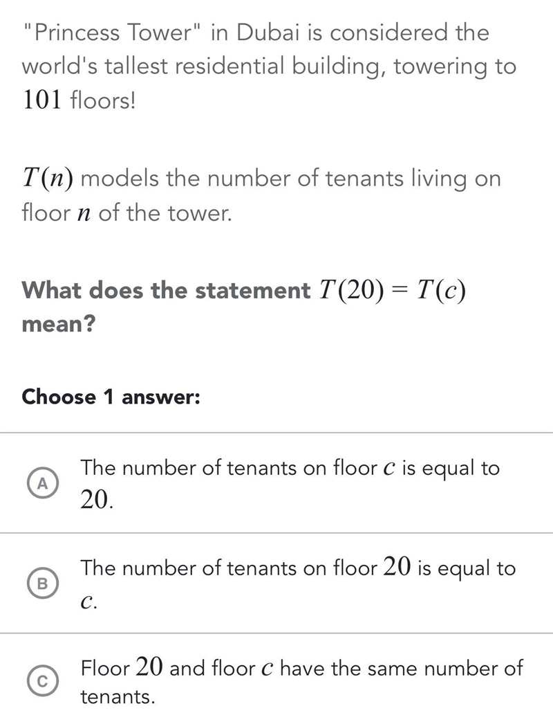 What does the statement T(20) = T(c) mean?-example-1