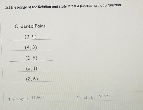 Help! List the Range of the Relation and state If it is a function or not a function-example-1