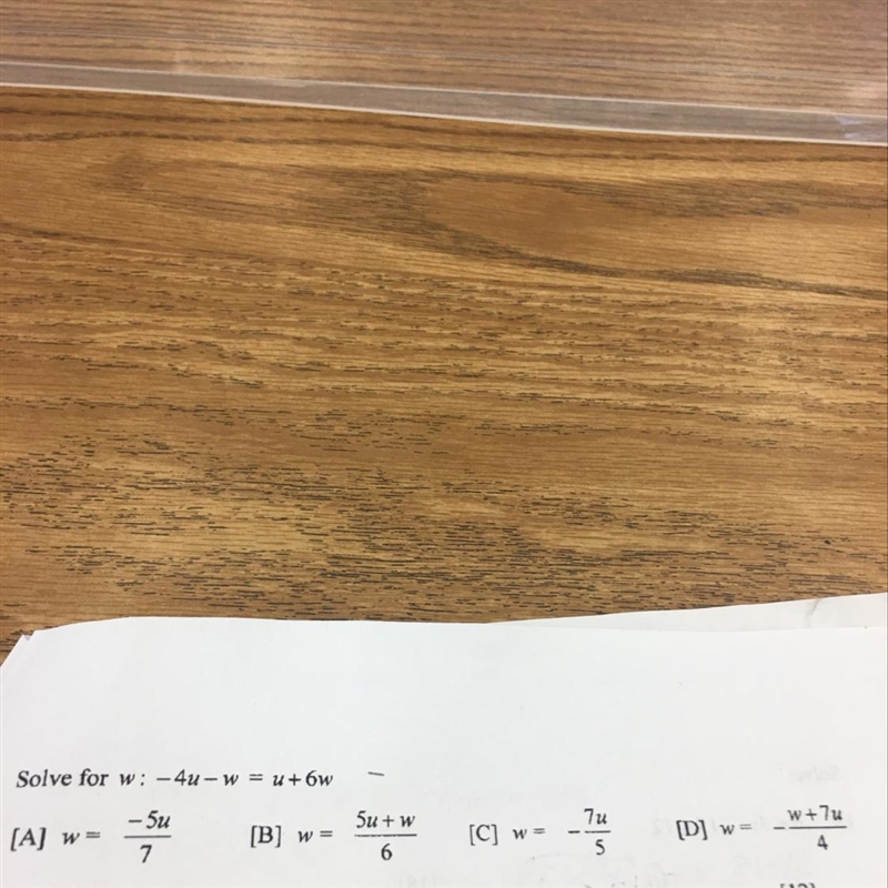 Solve for w: -4u-w = u+6w-example-1