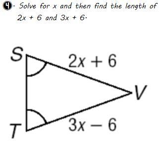 Solve for x and then find the length of 2x + 6 and 3x + 6.-example-1