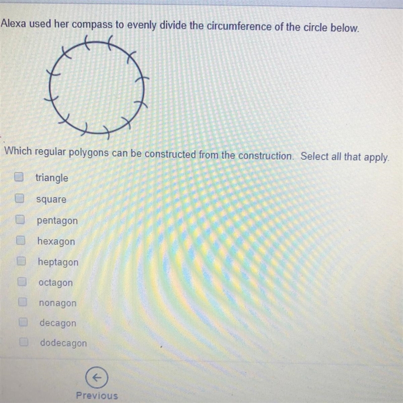 Alexa used her compass to evenly divide the circumference of the circle below. Which-example-1