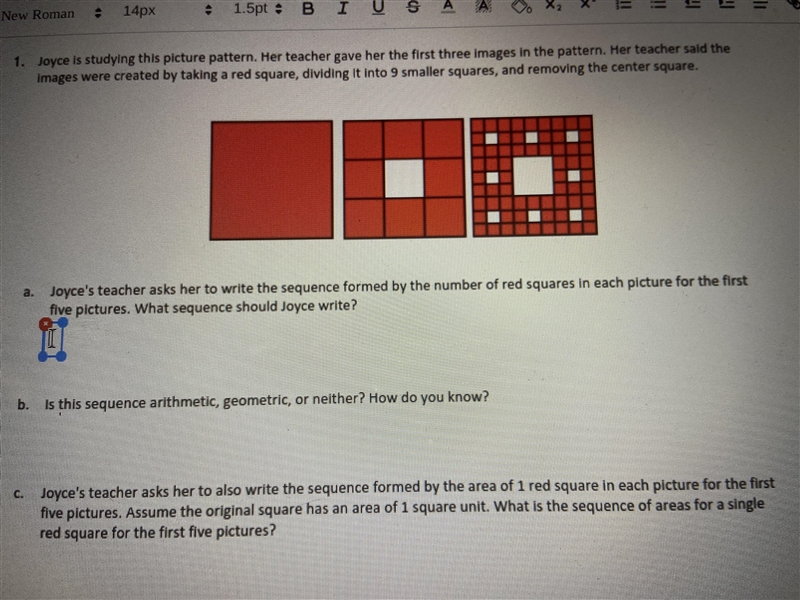 Joyce’s teacher asks her to write the sequence formed by the number of red squares-example-1