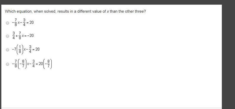 Which equation, when solved, results in a different value of x than the other three-example-1