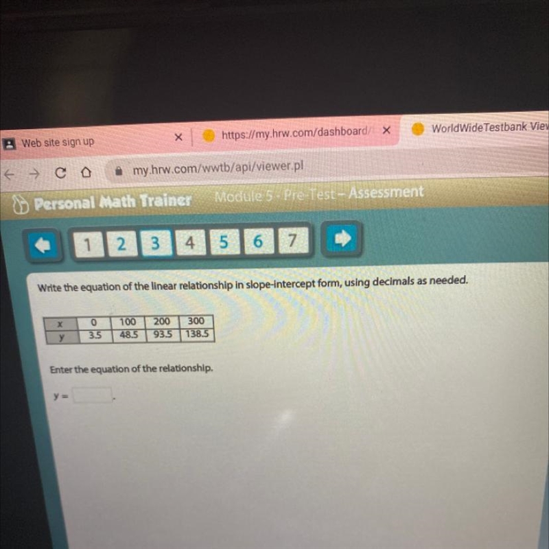 Write the equation of the linear relationship in slope-intercept form, using decimals-example-1