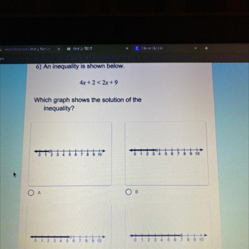 4x + 2 < 2x + 9 Which graph shows the solution of the inequality?-example-1