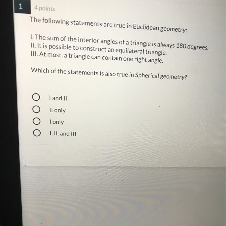 Which of the statements is also true in Spherical geometry?-example-1