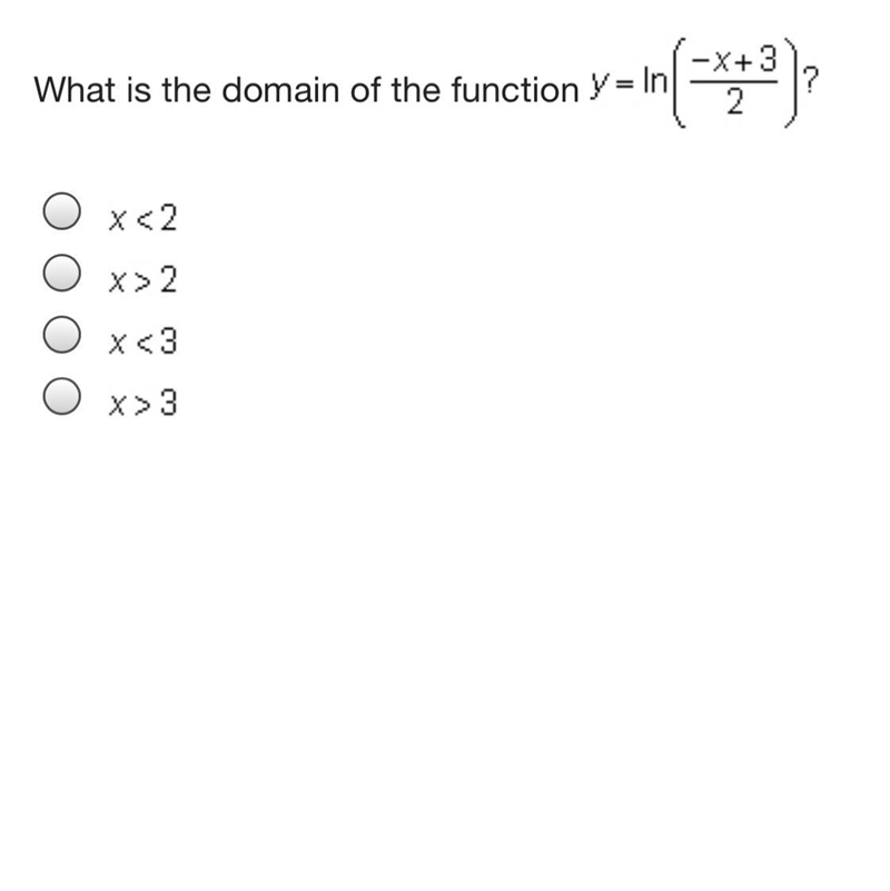 What is the domain of the function y = l n (StartFraction negative x + 3 Over 2 EndFraction-example-1