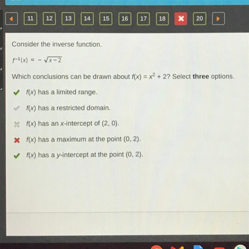 Consider the inverse function f^-1(x) = - sqrt (x-2) Which conclusions can be drawn-example-1