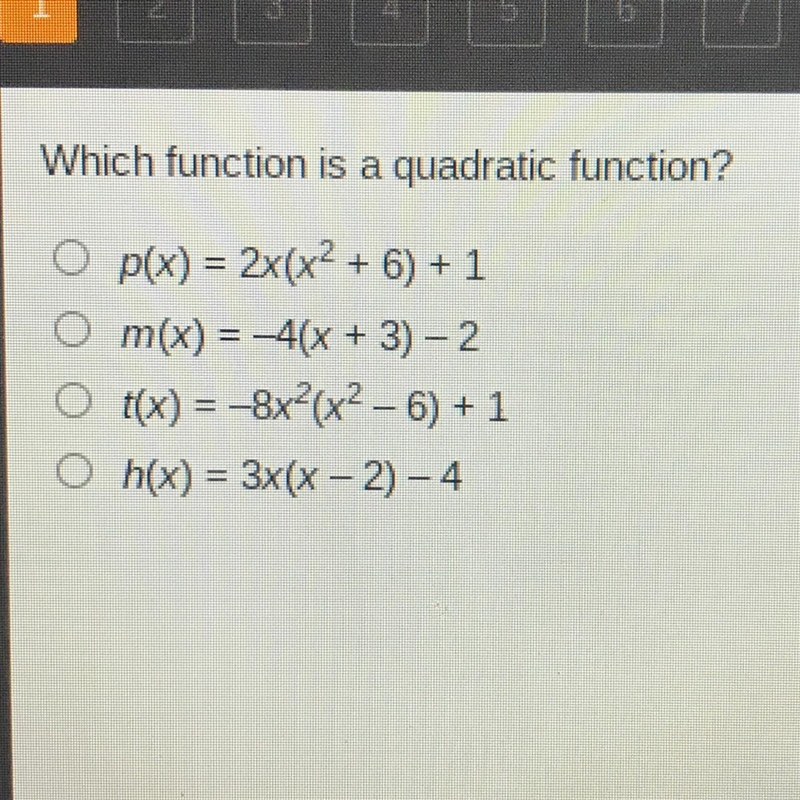 Which function is a quadratic function? A) p(x) = 2x (x^2 + 6) + 1 B) m(x) = -4 (x-example-1