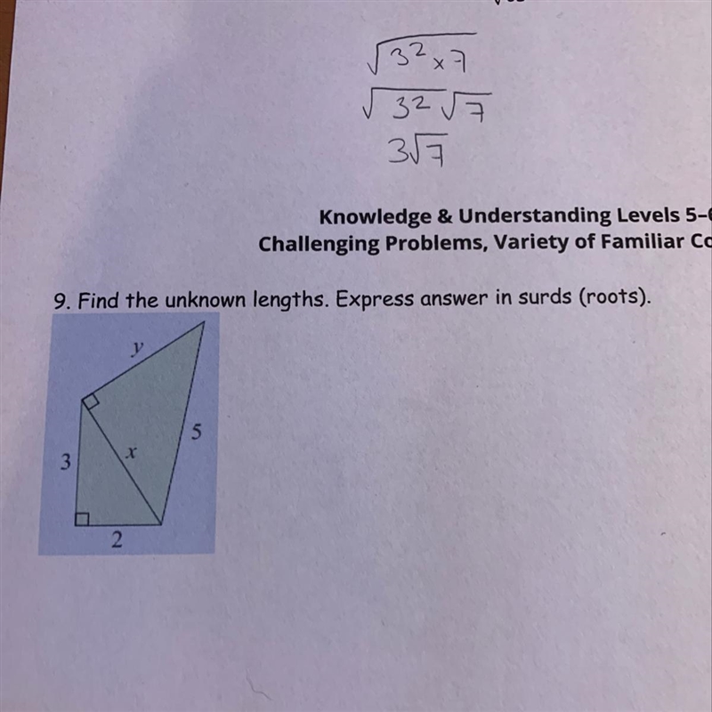 9. Find the unknown lengths. Express answer in surds (roots). X-example-1