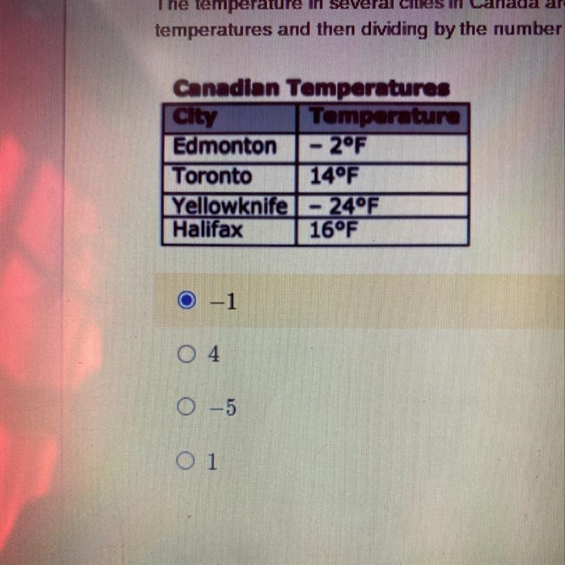 The temperature in several cities in Canada are shown in the table to the right. The-example-1