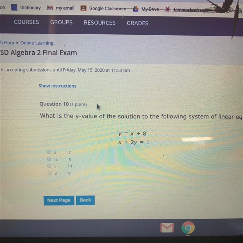 What is the y value of the solution to the following system of linear equations?-example-1