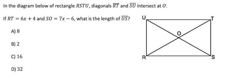 In the diagram below of rectangle RSTU, diagonals RT and SU intersect at 0. RT = 6x-example-1