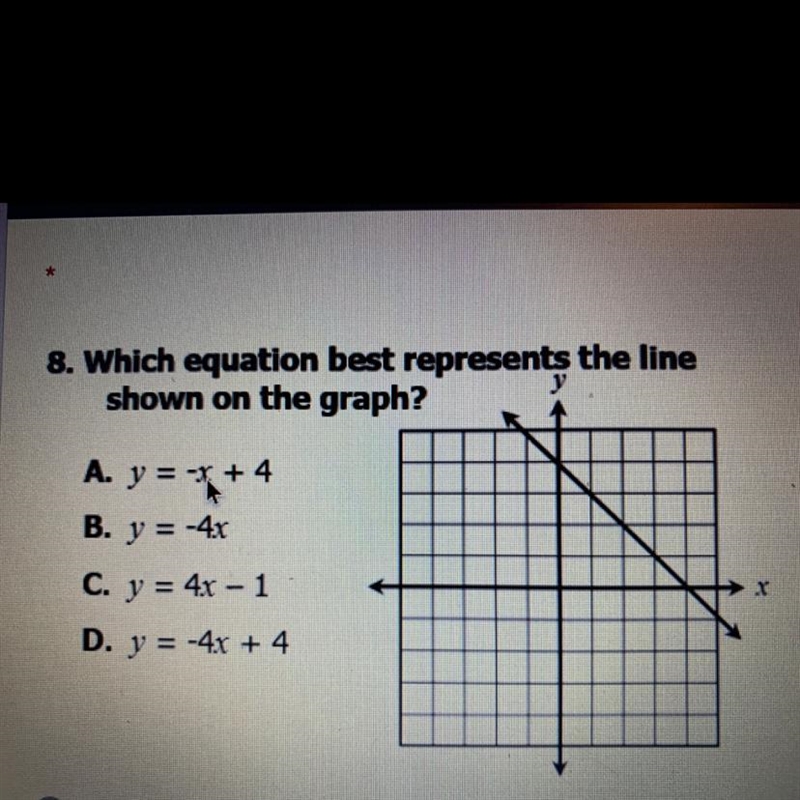 8. Which equation best represents the line shown on the graph? A. y = -x + 4 B. y-example-1