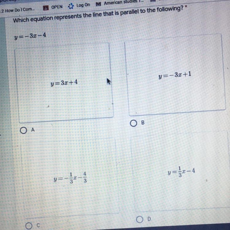 PLEASE HELP ASAP 10 POINTS AND ITS MULTIPLE CHOICE Which equation represents the line-example-1