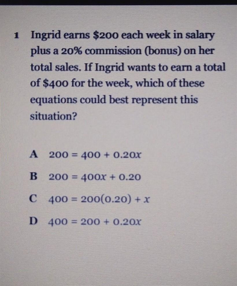 3 Ingrid earns $200 each week in salary plus a 20% commission (bonus) on her total-example-1