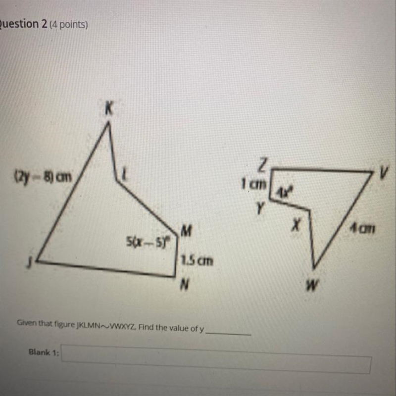 K ( 28) cm V 1 cm M Han 56x-5 1.5 cm W Given that figure JKLMNWWXYZ. Find the value-example-1