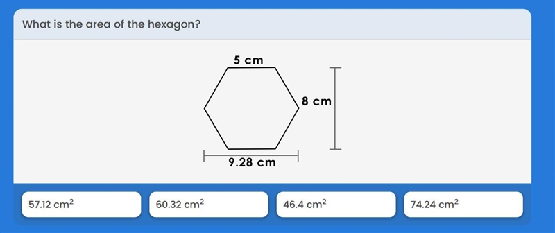 CAN SOMEONE PLEASE HELP ME FIND THE AREA OF A HEXAGON-example-1