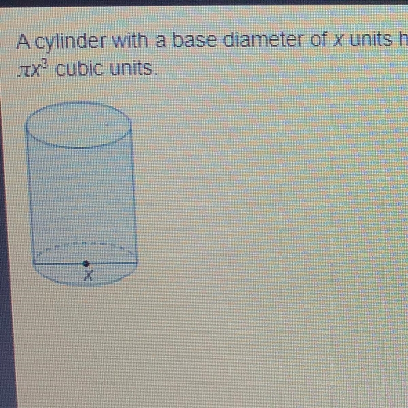 A cylinder with a base diameter of x units has a volume of 3.14x^3 cubic units Which-example-1