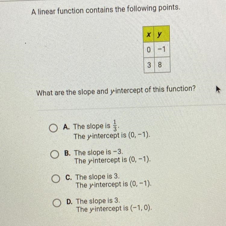 A linear function contains the following points. ху 0-1 38 What are the slope and-example-1