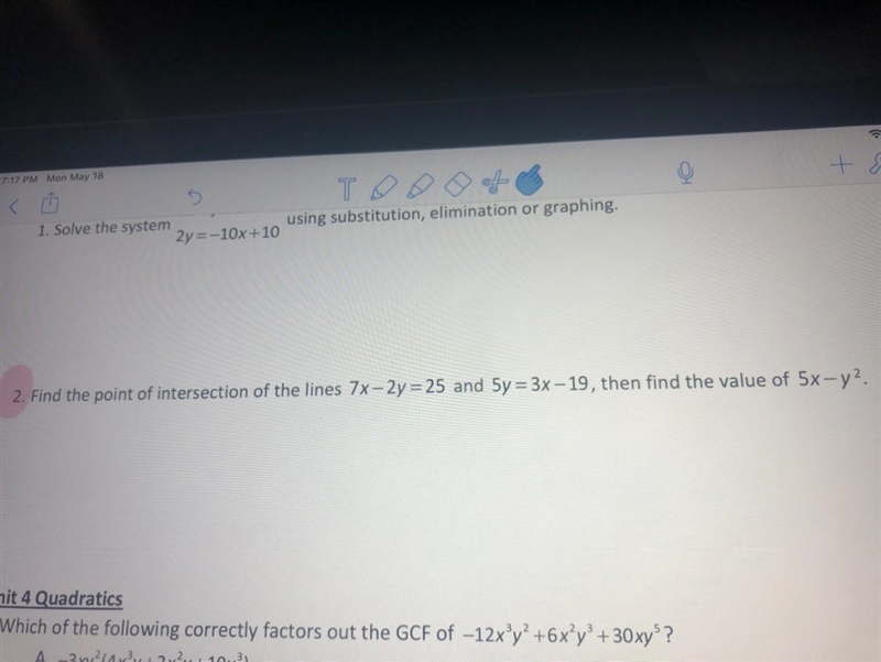 Find the point of intersection of the lines 7x-2y=25 and 5y=3x-19, then find the value-example-1