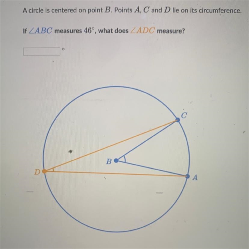 If angle abc measures 46 what does angle adc measure-example-1