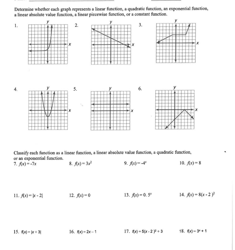 clarify each function as a linear function, a linear absolute value function, a quadratic-example-1