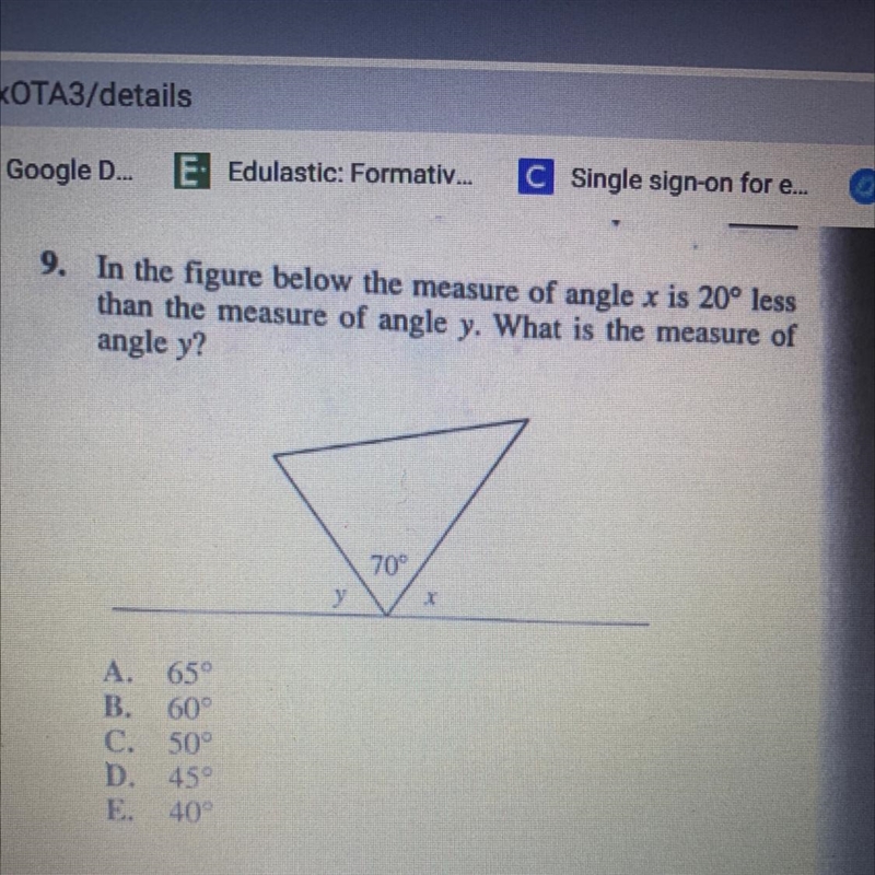 9. In the figure below the measure of angle x is 20° less than the measure of angle-example-1