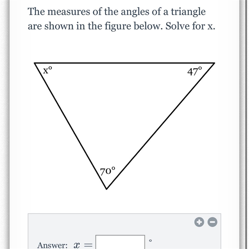 The measures of the angles of a triangle are shown in the figure below. Solve for-example-1