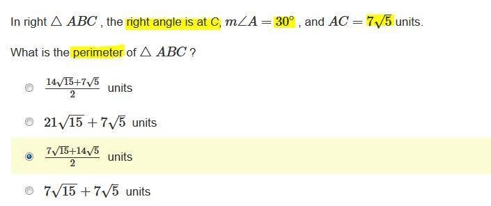 In right △ABC , the right angle is at C, m∠A=30 degrees , and AC=7√5 units. What is-example-1