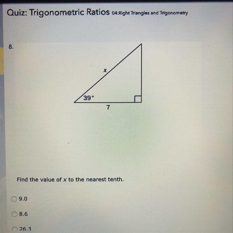 Find the value of x to the nearest tenth. 9.0 8.6 26.3 5.7-example-1