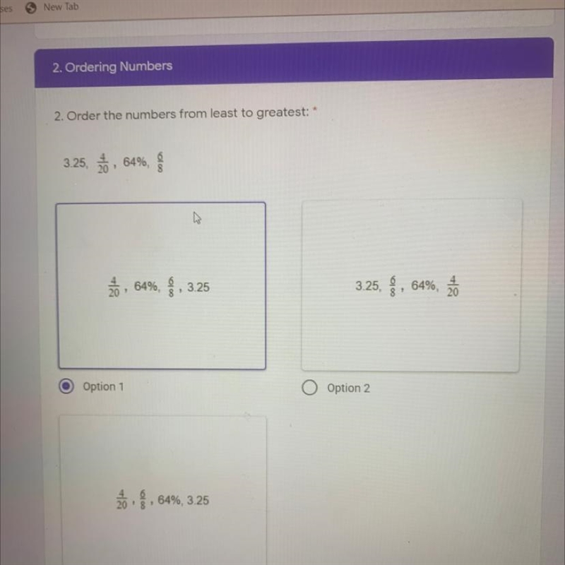 Order from least to greatest: 3.25, 4/20, 64%, 6/8-example-1