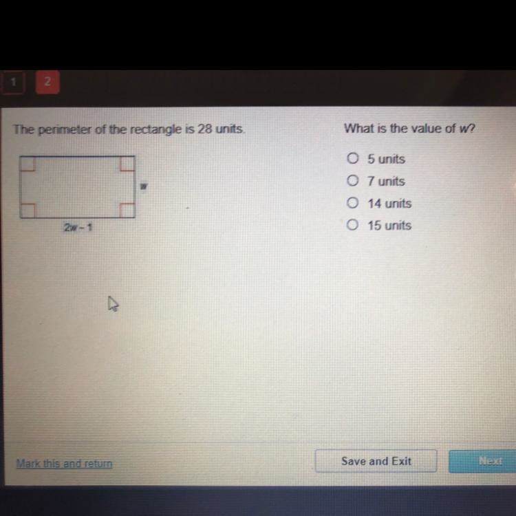 The perimeter of the rectangle is 28 units. What is the value of w?-example-1