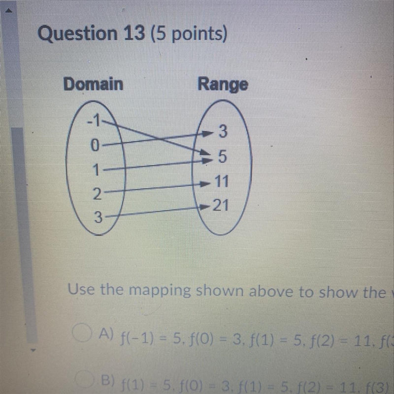 Use the mapping shown above to show the value of the function f(x) at each point. OA-example-1