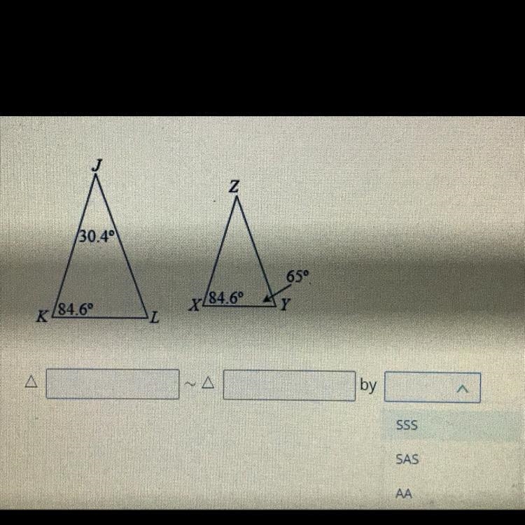 Are these triangles similar? If yes, by what? SSS, SAS, or AA?-example-1