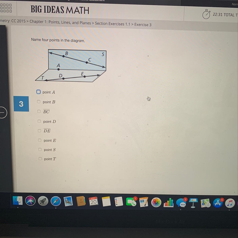 Name four points in the diagram. B B S С A E D point A to point B С BC point D DE-example-1