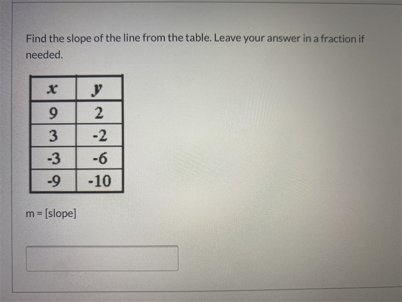 Find the slope of the line from the table. leave your answer in a fraction if needed-example-1