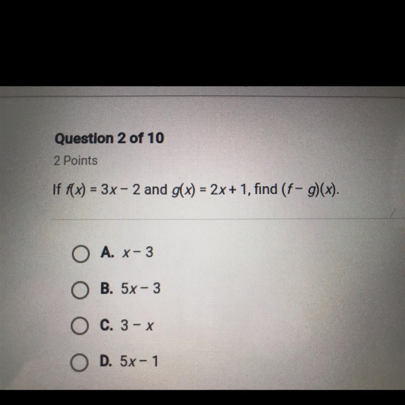 If f(x) = 3x - 2 and g(x) = 2x + 1, find (f - g)(x)-example-1