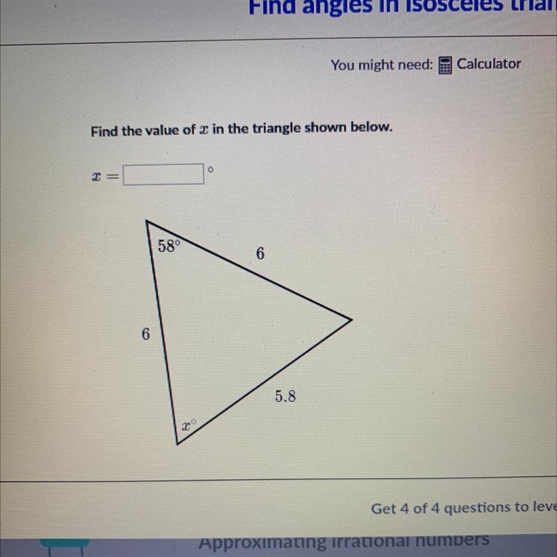 Find the value of x in the triangle shown below.-example-1