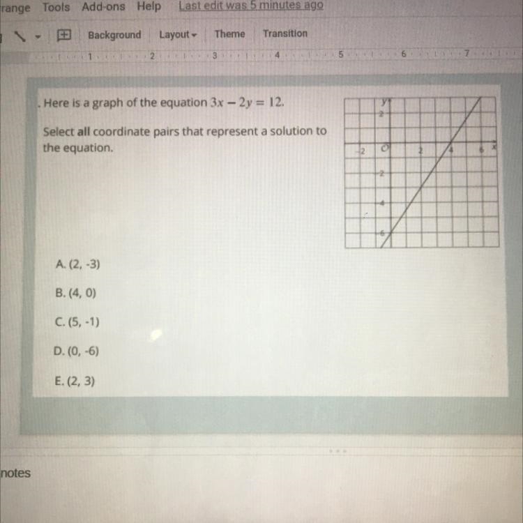 Select all coordinate pairs that could represent a solution to 3x - 2y = 12-example-1