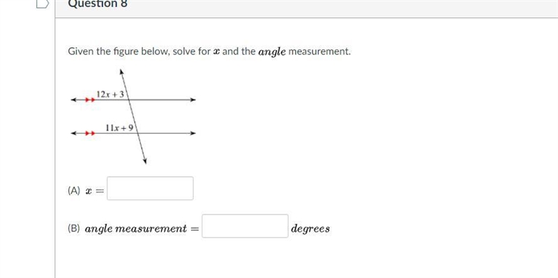 Given the figure below, solve for X and the angle measurement.-example-1