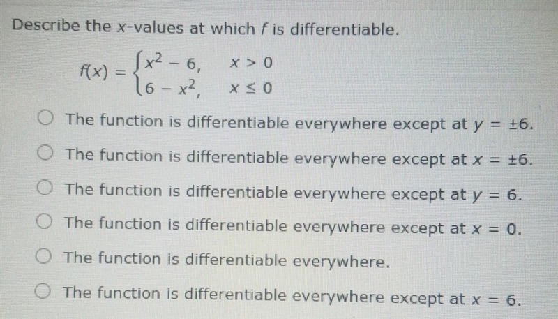 Describe the x-values at which f is differentiable.​-example-1